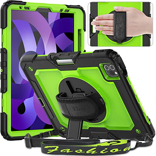 Timecity Hülle für iPad Air 5. / 4. Generation 2022/2020 10,9 Stoßfeste Displayschutz Schutzhülle mit Drehbare Ständer -Stifthalter -Verstellbarer Handschlaufe - Schultergurt - Outdoor - Gelbgrün
