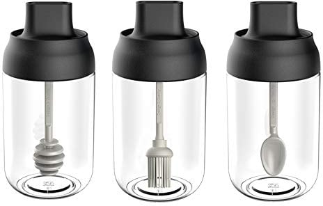 3er-Set Gewürzglas 250ml Gewürzdosen Gewürzbehälter mit Deckel und Löffel für Feuchtigkeitsschutz für Salz Zucker Öl Honig Spender (Schwarz)