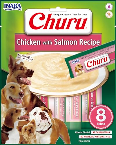 INABA Churu Hundeleckerli Creamy Snack, Getreidefrei, Zuckerfrei, Kalorienarm, 100% natürliches Fleisch mit Huhn & Lachs, Keine Nebenerzeugnisse 160 g (1er Pack)