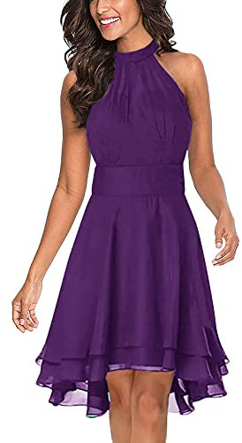 Minetom Donna Abito Halterneck al Ginocchio Vestito da Sposa Senza Maniche Damigella d'Onore Cerimonia Cocktail Formale Prom Abiti A Viola M