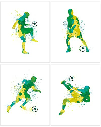 ANHUIB 4er Set Aquarell Fußball Poster,Fußball Wanddeko für Kinderzimmer Jungen,Kinder Fussball Bilder Set für Teenager Schlafzimmer,Sport Bild für Wohnzimmer Leinwand Wandkunst,20×25CM,Ohne Rahmen