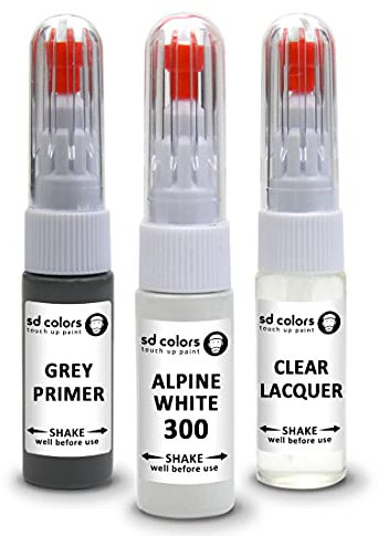 SD COLORS New Touch Up Paint Pen Alpine White 300 ALPINWEISS III compatible with BMW REPAIR KIT 7ML SCRATCH CHIP BRUSH REPAIR (PAINT+LACQUER+PRIMER)