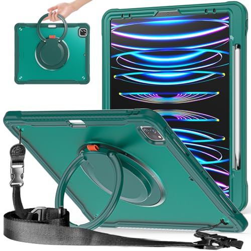 PboyiqiS for iPad Air 13 2026(M4)/2025(M3)/2024(M2)/Pro 12.9 Clear Case,360 Rotating Stand, Shoulder Strap, Built-in Stylus Holder, Full Body Shockproof Sturdy Cover (Dark Green)