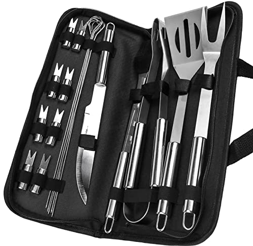 CoolGadget BBQ Grillbesteck 19er Set mit Tasche [Edelstahl Grill Zubehör] für Garten, Camping [Grillkoffer, Grillzange, Grillgabel, Grillmesser, Pinsel, Wender] 19-teilig inkl. Aufbewahrungstasche