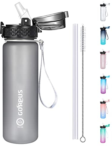 GOPPUS 500ml/17oz Borraccia per Bambini con Cannuccia Senza BPA Borraccia per Bevande a Tenuta Stagna per Scuola Tritan Ragazza Ragazzo Borraccia Sportiva Riutilizzabile con Marcature del Tempo