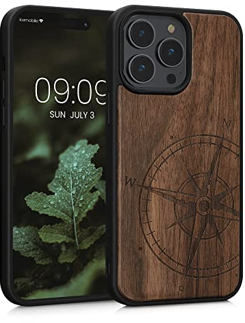 kwmobile Custodia Compatibile con Apple iPhone 14 Pro Max Cover - Back Case in Legno con Bumper in Silicone TPU - Bussola vintage marrone scuro