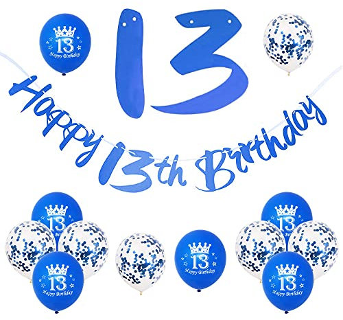 13 Geburtstag Deko, 13. Geburtstag Mädchen Junge,13 Jahr Geburtstagdeko,Happy Birthday Girlande Ballon Blau Deko,Deko 13. Geburtstag Konfetti Luftballons,Banner Birthday Party Decorations