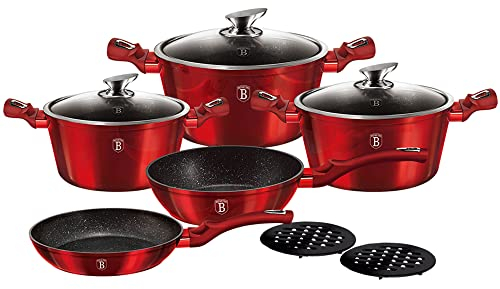 Berlinger Haus Burgundy Kochtopf Set Induktion 10-Teiliges, Antihaft PFOA-frei Marmor, Aluminium, Set 3 Töpfe, 3 Glasdeckel, 2 Bratpfannen, 2 Untersetzer, Design Metallic Line, Glaskeramik, Gas