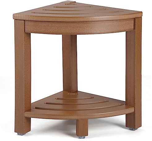 Apolimi Sgabello da doccia angolare in HDPE, sedile da doccia con ripiano portaoggetti per gambe da barba, in plastica, per spa, vasca da bagno, poggiapiedi per bagno, piccolo posto (teak)