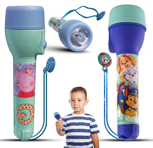 2x Toy Torches for Kids, Peppa PlG and Paw Patr0l LED Big Torches, Easy Grip Plastic Flashlight for Outdoor Adventures, Christmas and Emergency Use with 2x 1.5V AA Batteries | Luminous Range: 3.5m