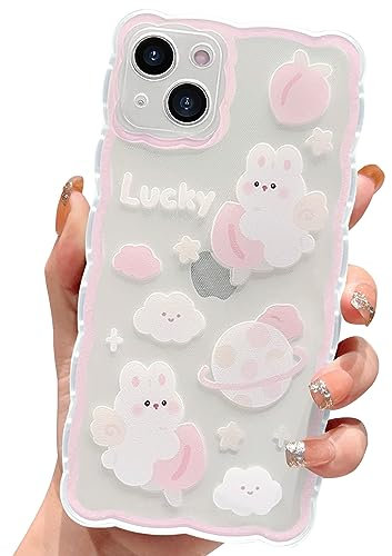 HZLFCZL Compatible with iPhone 15 Plus Case Cute Clear Cartoon Planet Peach Rabbit Pattern Design Women Girls Aesthetic Kawaii Slim Soft TPU Transparent Phone Case for iPhone 15 Plus-Light Pink