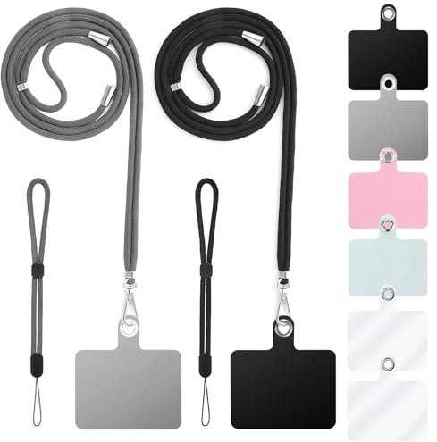 Cobee Cell Phone Lanyard, 2pcs Neck Lanyard + 2pcs Wrist Lanyard Strap + 6pcs Phone Tether Tabs, Nylon Crossbody Lanyard Wristlet Straps PVC Tether Pads for Safety Drop Protection(Black, Dark Gray)