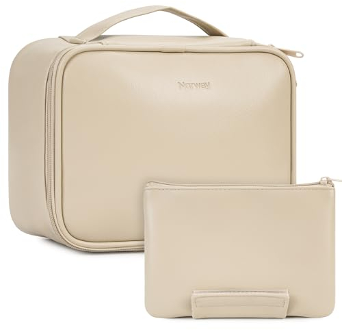 Narwey Reise Kosmetiktasche Damen Make-up-Tasche PU Leder Schminktasche Große Make-up Tasche Organizer Kosmetikkoffer Frauen Mädchen mit Bürstenfach(Braun)