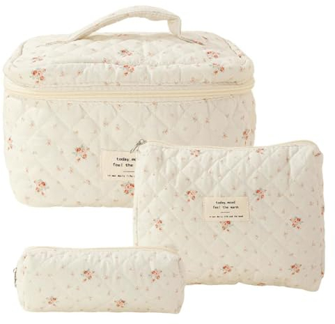 Kulturtasche Damen 3er Set, Kosmetiktasche Gesteppt Blumen Groß Kapazität Kosmetiktasche Set Damen Kulturtasche Damens mit Blumen Make up Bag Aesthetic, Make up Tasche für Mädchen