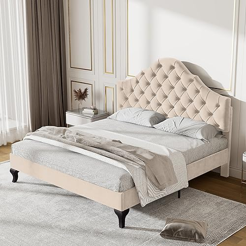 BTM Double Bed 135 * 190, Upholstered Bed with Slatted Frame and Height-adjustable Headboard, Velvet Beige Bed