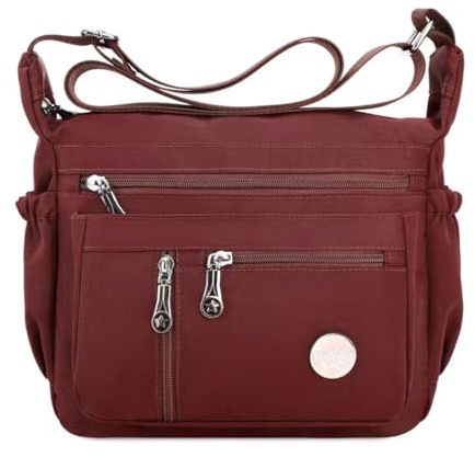 HERCMNOY Damen-Umhängetasche, Umhängetasche, Handtasche, mehrere Taschen, Nylon, Kuriertasche, weinrot, Exterior Dimensions: 11 L x 8.27 H x 4.33 D