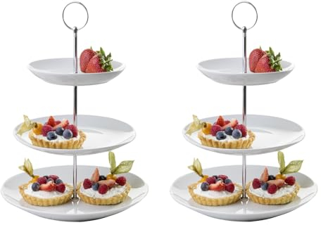 Home4You 2 Etageren mit je 3 Etagen und je einem Tragegriff - Weiß - Porzellan - Metall - Ø 26,5 x H 37 cm - Servierplatte Servierständer Servierset - 2er Set