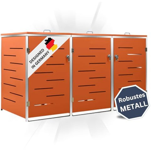 DELUKE 3er Mülltonnenbox JAGU Edelstahl | Orange | 115x207x77,5cm | Mülltonnenverkleidung für 3 Tonnen 240L Müllbox aus Metall Mülltonnenschutz Mülltonnendach