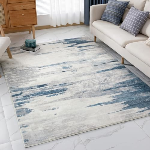 VK·living Bereich Teppich in Modernem Design - 16mm Dicke Weiche Faux Anti-Rutsch Teppiche für Wohnzimmer, Schlafzimmer & Büro - Blue & Grey 120X170CM