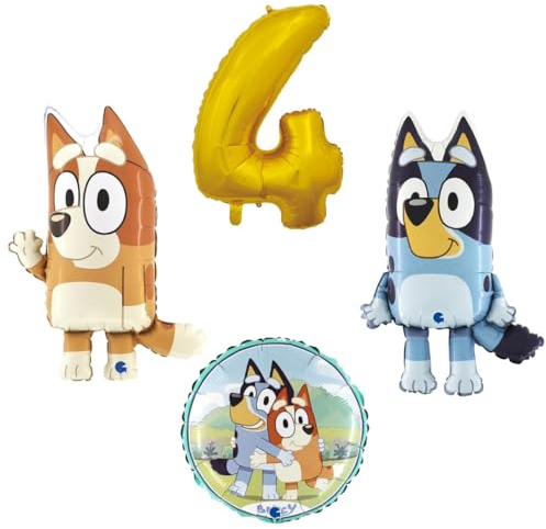 4 teiliges Ballonset mit Bluey und Bingo einer Ballonzahl mit der Nummer 4 in Gold und ein runder Ballon