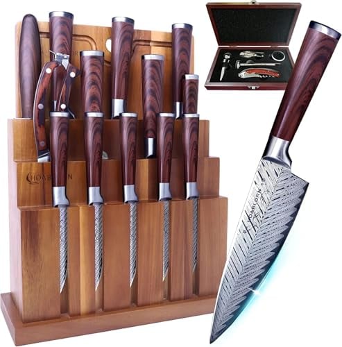 ChefHoablorn Damascus Knife Block Set 15PCS Kitchen Knife Set with Block Premium Chef Knife Stainless Steel,Japanese Kitchen Knife, with Exrtra Cutting Board Wine Corkscrew Set