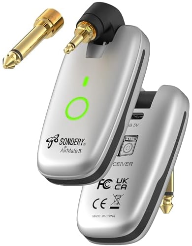 Sondery Wireless Guitar System Transmitter and Receiver Compatible with Multiple Instruments Guitar Bass Keyboard Drums, 7 Channels 6-Hour Battery Life AirMate II UHF Rechargeable Wireless