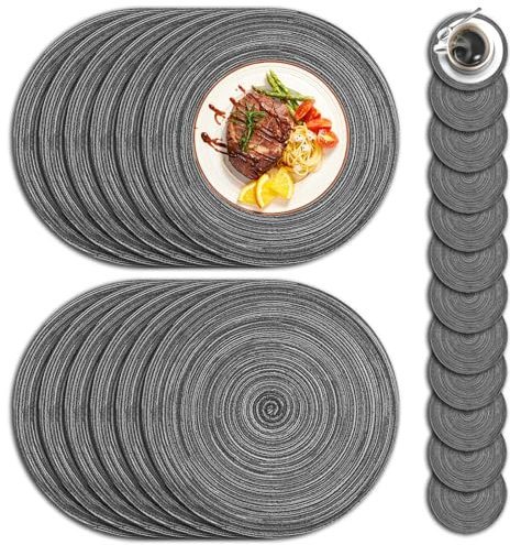 wiipara 12er Set Platzsets Rund aus Baumwolle, Geflochte Runde Tischsets Abwaschbar 34 cm, Schmutzabweisend, Hitzebeständig, Platzdeckchen mit Untersetzer, Ideal für Küche, Festlichkeiten& Weihnachten