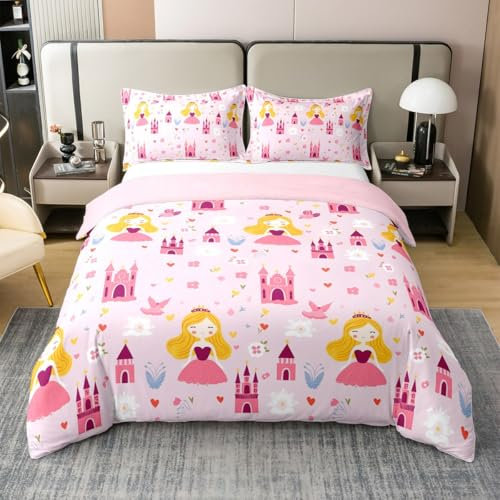 Rosa Prinzessin Tröster Abdeckung 155x220,Cartoon Castle Cute 100% Baumwolle Bettbezug,Blütenblätter Schmetterlinge Bettwäsche Set,Fee Thema Bettbezug für Kinder Mädchen Schlafzimmer Dekor