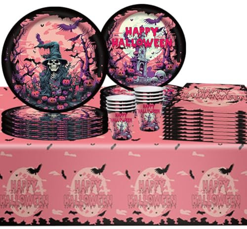 41Pcs Halloween Party Tableware Set,Happy Halloween Party Decorations Including Tablecloth Pink Paper Plates,Halloween Plates Cups And Napkins,Mystery Castle Halloween Party Supplies- 10 Guests