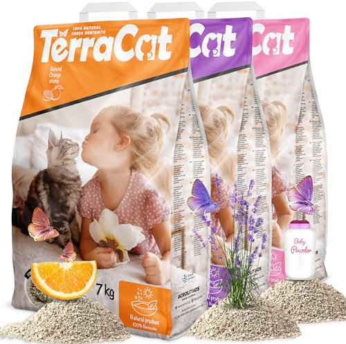 TerraCat Katzenstreu, 27L-3er Pack, 100% Bentonit Klumpstreu, Hohe Saugfähigkeit für Katzen, Staubfrei Klumpend, Babypuder-Orange-Lavendel Duft, 21Kg