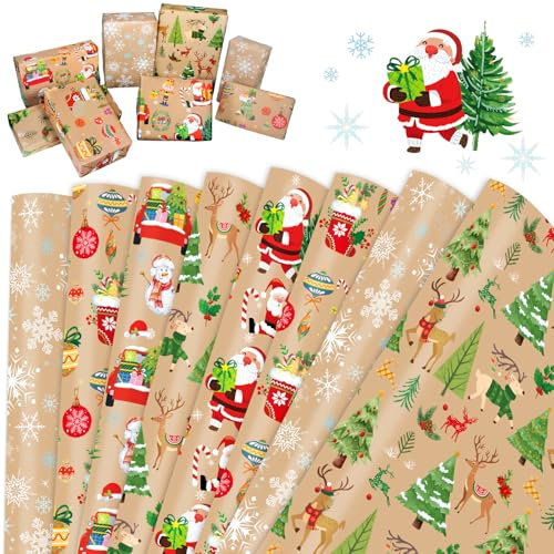 HOWAF 8 Geschenkpapier Weihnachten Kraftpapier, Weihnachts Geschenkpapier, Weihnachtsbaum Schneeflocken Weihnachtsgeschenkpapier, Weihnachtspapier für Geschenkverpackung Weihnachten Deko, 70x50cm