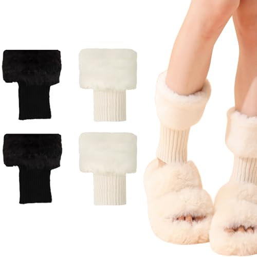 Wenrou 2 Paare Bein Stulpen Damen Leg Warmers, Warme Winter-Stiefelmanschetten, Kurze Knöchelwärmer, Kurze Pelzige Beinwärmer Beinwärmer, Plüsch, Elastisch, Damen, Schwarz, Beige, Für Winterwärme