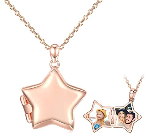 OHAYOO Medaillon Zum Öffnen für Bilder 925 Sterling Silber Stern Kette Mädchen Mit Bild Stern AnhäNger mit Foto Amulett Zum Öffnen Stern Schmuck Geschenke für Frauen Mädchen Kinder (Roségold)