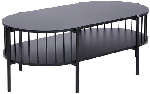 Beliani Couchtisch oval schwarz mit Metallbeinen Ablagefach offene Gitter-Optik Oreana