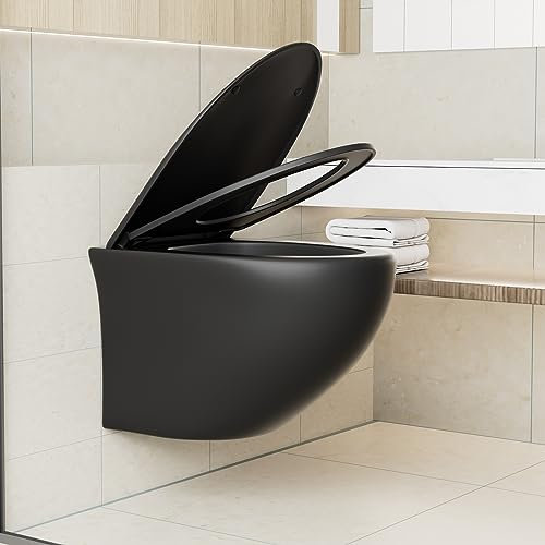 Balck Wall Hung Toilet, Ceramic Modern WC with Soft Close Toilet Seat, Rimless WBT for Small Bathrooms, No Included Toilet Concealed Cistern, Findepot