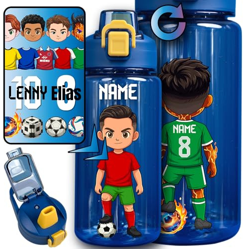 EarlyBird Personalisierte Fußball-Trinkflasche | Dein Name & Trikotnummer | 600ml Kinderflasche mit Avatar in Vereinsfarben | Perfekt für Schule, Sport & Geschenk, Orange - Modell 1