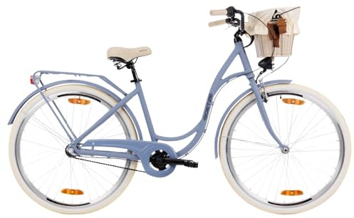 Goetze Style 28 Zoll Damen Citybike, 18 Zoll Tiefeinsteiger Aluminiumrahmen, 3-Gang Nabenschaltung, Rücktrittbremse, V-Bremse, LED-Beleuchtung, Rattankorb, Komfortsattel, mit Ständer & Klingel