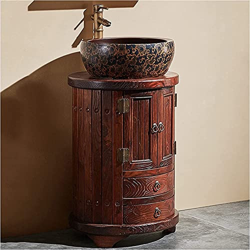 JKJZSALJ Lavabo De Pedestal Independiente para Baño - Mueble De Lavabo con Diseño De Hotel, Estilo Retro, con Almacenaje Redondo De 50 X 72 Cm, Madera Roja, Sin Espejo.