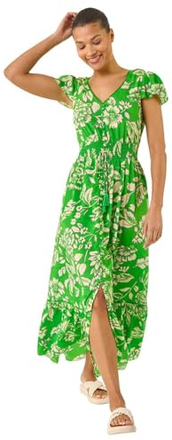 Roman Shirred Empire Waist Dress for Women UK Ladies Midi Maxi Summer Spring Tiered Frill Hem Short Sleeve V Neck Button Through Boho Bohemian Holiday Cruise - Floral Green - Size 14