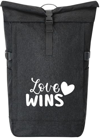 Huuraa Kurierrucksack Love wins Herz 30-44 Liter Black Melange Fairtrade Rolltop Rucksack Geschenkidee