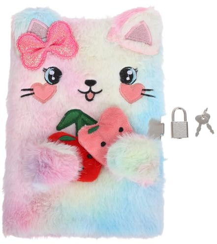 NUOBESTY Lockable Plush Cat Diary A5 Notebook with Bowknot Soft Cover and Key for Kids Girls Travel School Writing