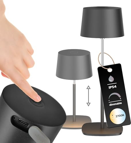 EDO LED Tischlampe Kabellos, Tischlechute Akku Dimbarre 2700K Warmweiß, BELI 0,5W Dimmbar Touch Lampe mit USB-C für Outdoor Nachttisch Esstisch Camping, IP54 Wasserdicht, Schwarz - Höhe 13-21cm