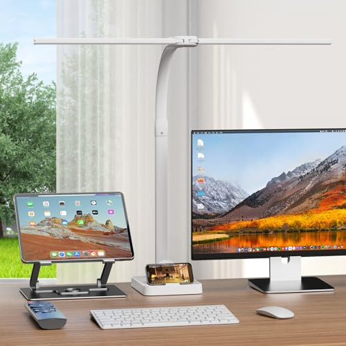 APMIEK Doppelkopf Schreibtischlampe LED mit Sockel, 24W 76CM Schreibtischlampe Klemmbar, 3200K-6500K Schwanenhals Büro Tischlampe Augenschutz Arbeitsplatzleuchte Monitor Lampe PC Lampe(Weiß)