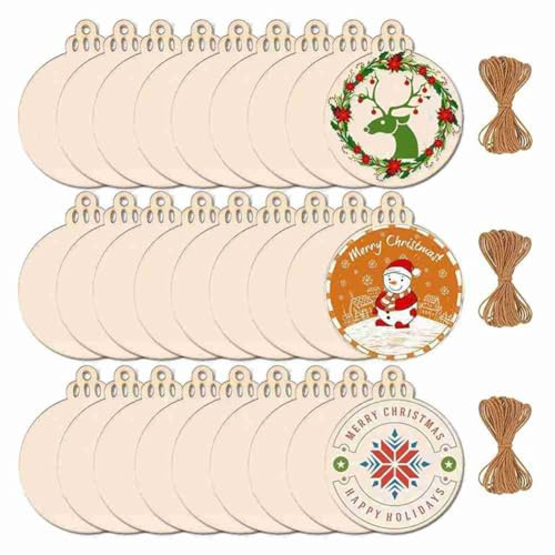 Osmond 100Pcs Christmas Wooden Round Baubles Tags Christmas Tree Hanging Balls Decoration Kids DIY Craft Ornaments