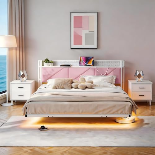 HAHRIR King Size Bed Frame with Floating Upholstered Storage Headboard,Pink | 150x200cm Metal Bed Frame with LED Lights & USB Charging, 5ft King Platform Bed, Heavy Duty Metal Slats, Noise Free