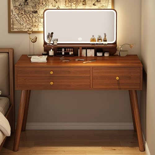 Toeletta Moderna con Specchio LED 3 Cassetti,Tavolo da Toeletta,Colore Legno di Noce Toilette,Adulti Scrivania Trucco per Camere da Letto/Piccoli Appartamenti 80 * 40 * 135cm