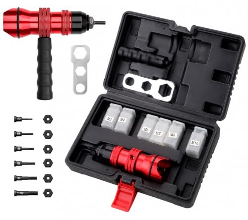 Electric Rivet Nut Drill Adapter, Cordless Rivet Tool Connector Head with M3 M4 M5 M6 M8 M10 Mandrels, Spanner and Handle, Rivet Nut Attachment with Carrying Case for Drill