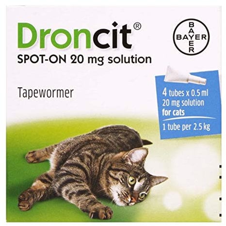 Bayer Droncit Tapewormer 20mg Spot-on solution for Cats from 2.5 to 5 kgs, Pack of 4 Pipettes