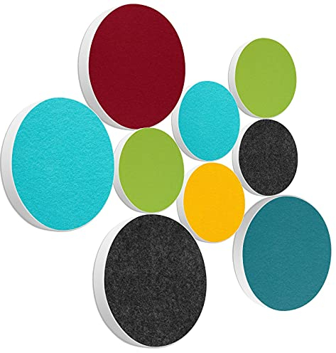 platino24 Akustikpaneele 9 Elemente Colore Kreis Ø 40 & 55 cm Set aus 6 Farben I Schallabsorber aus Basotect G+ mit Akustikfilz I Schalldämmung Wand & Decke I Akustikelemente Wandpaneel