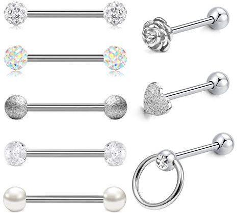 LAURITAMI 8stk Zungenpiercing 14G Chirurgenstahl 16mm Barbell Gerade Blume Kristall Piercing